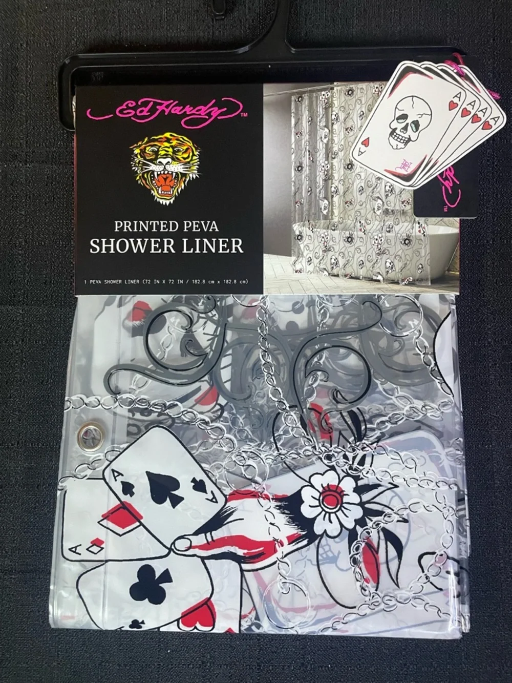 Ed Hardy LUCKY ACES Clear Shower Curtain Liner Cards 8-Ball Dice PEVA 72x72 NWT